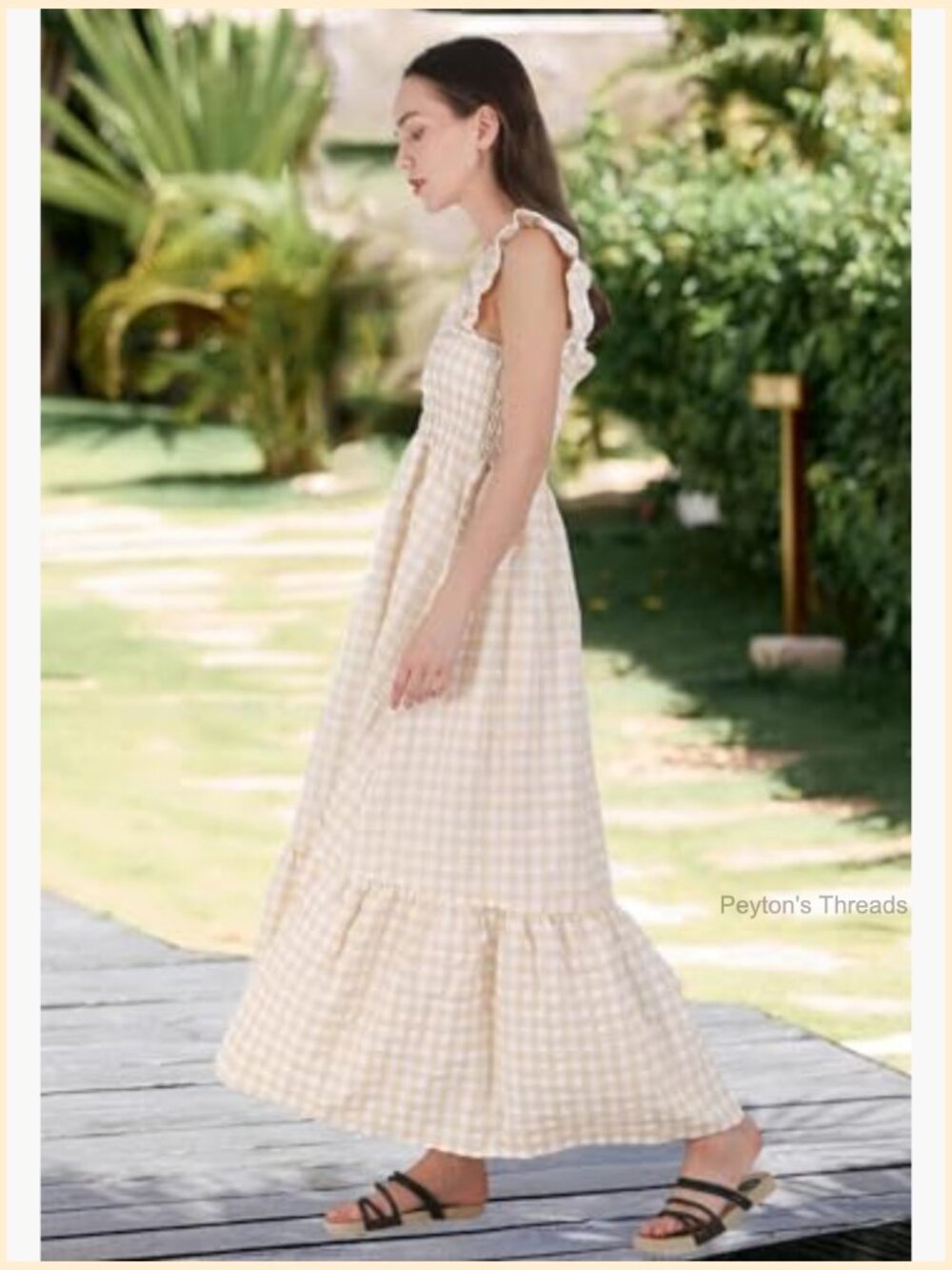 Sleeveless Smocked Ruffle Boho Party Beach Gingham Maxi Dress - Picture 4 of 6